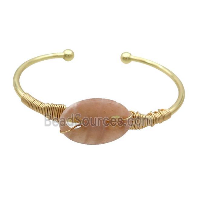 Copper Bangle With Peach Sunstone Wire Wrapped Gold Plated