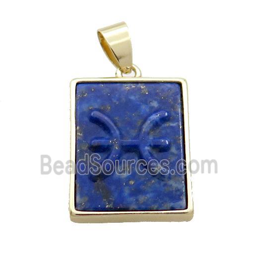 Natural Lapis Lazuli Pendant Zodiac Pisces Blue Rectangle Gold Plated