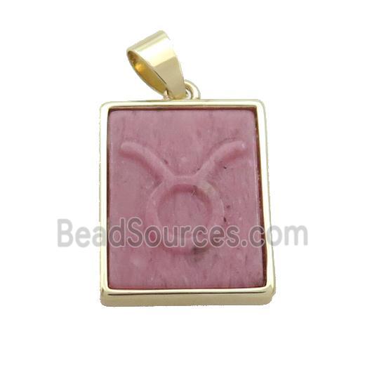 Natural Pink Wood Lace Jasper Pendant Zodiac Leo Rectangle Gold Plated