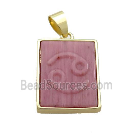 Natural Pink Wood Lace Jasper Pendant Zodiac Cancer Rectangle Gold Plated