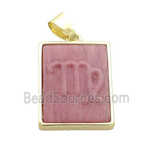 Natural Pink Wood Lace Jasper Pendant Zodiac Virgo Rectangle Gold Plated