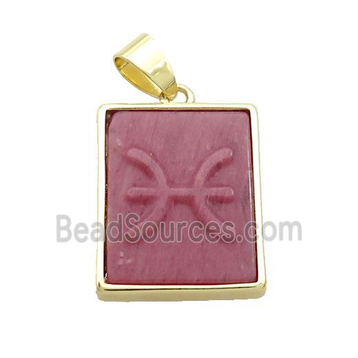 Natural Pink Wood Lace Jasper Pendant Zodiac Pisces Rectangle Gold Plated