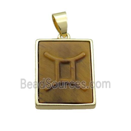 Natural Tiger Eye Stone Pendant Zodiac Gemini Rectangle Gold Plated