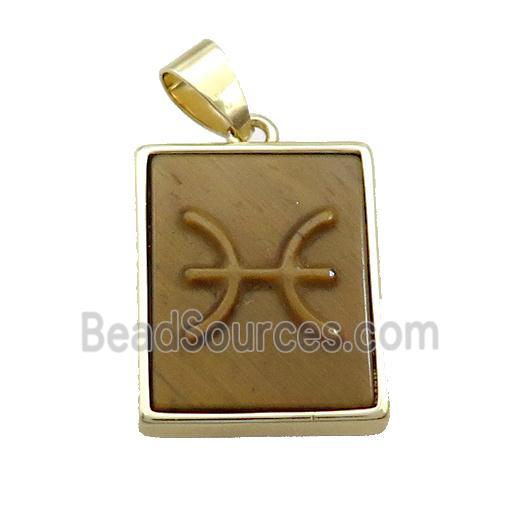 Natural Tiger Eye Stone Pendant Zodiac Pisces Rectangle Gold Plated