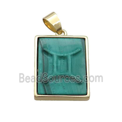 Natural Malachite Pendant Zodiac Gemini Green Rectangle Gold Plated