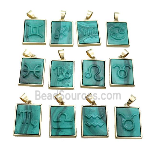 Natural Malachite Pendant Zodiac Mixed Green Rectangle Gold Plated