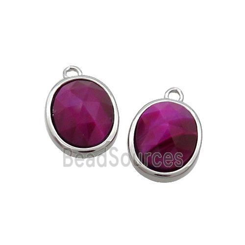 Fuchsia Tiger Eye Stone Oval Pendant Platinum Plated