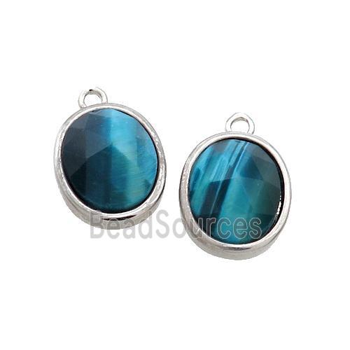 Blue Tiger Eye Stone Oval Pendant Platinum Plated