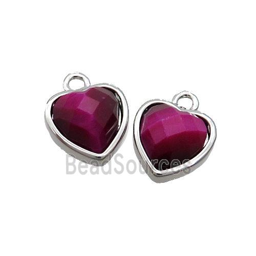 Fuchsia Tiger Eye Stone Heart Pendant Platinum Plated