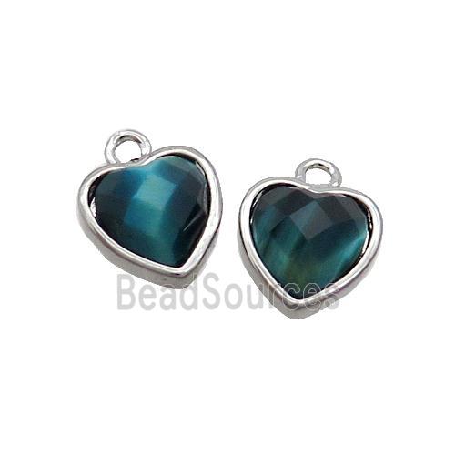 Peacock Blue Tiger Eye Stone Heart Pendant Platinum Plated