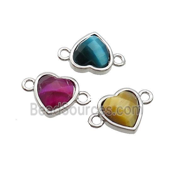 Mixed Tiger Eye Stone Heart Connector Platinum Plated