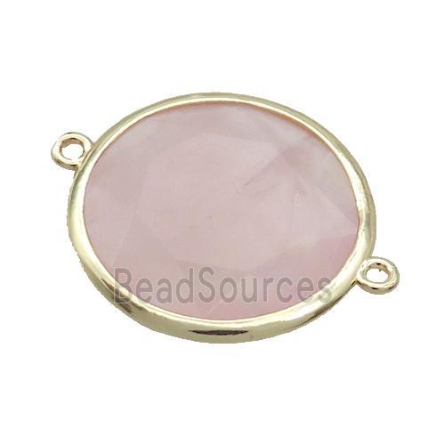 Pink Rose Quartz Circle Connector Faceted Gold Plated