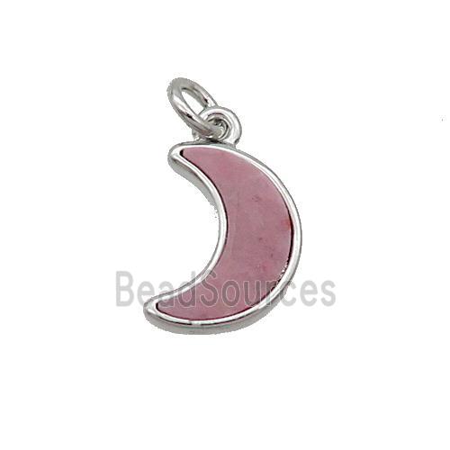 Copper Moon Pendant Pave Pink Rhodonite Platinum Plated