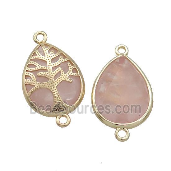 Pink Rose Quartz Teardrop Connector Tree Of Life Gold Plated