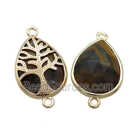 Natural Tiger Eye Stone Teardrop Connector Tree Of Life Gold Plated