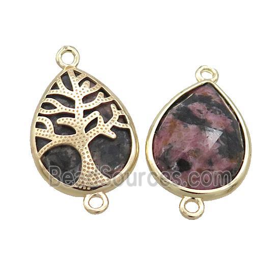 Natural Pink Rhodonite Teardrop Connector Tree Of Life Gold Plated