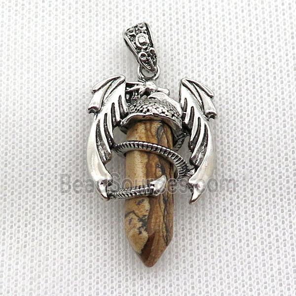 Alloy Dragon Pendant Pave Picture Jasper Antique Silver