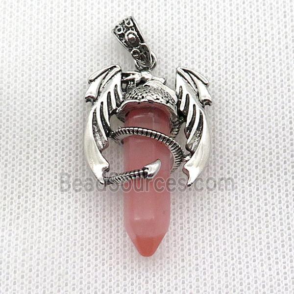 Alloy Dragon Pendant Pave Pink Synthetic Quartz Antique Silver