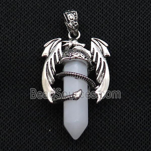 Alloy Dragon Pendant Pave White Jade Antique Silver