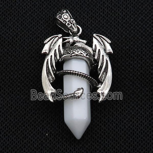 Alloy Dragon Pendant Pave White Jade Antique Silver