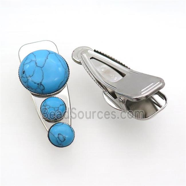 Copper Hair Clips Pave Blue Dye Turquoise Platinum Plated