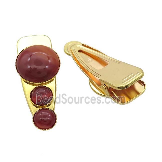 Copper Hair Clips Pave Red Agate Gold Plated