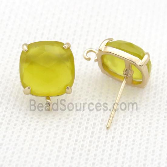 Copper Stud Earring Pave Jade Quartz Square Gold Plated