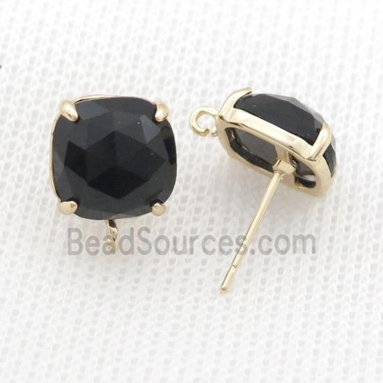 Copper Stud Earring Pave Black Onyx Agate Square Gold Plated