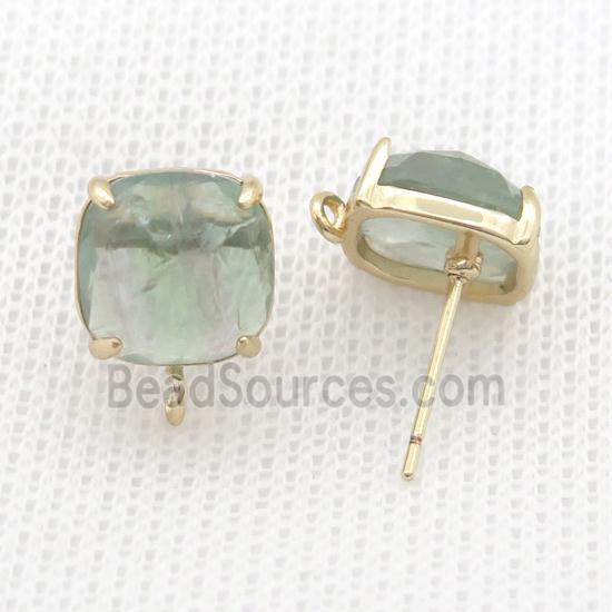 Copper Stud Earring Pave Green Fluorite Square Gold Plated