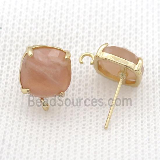 Copper Stud Earring Pave Peach Sunstone Square Gold Plated