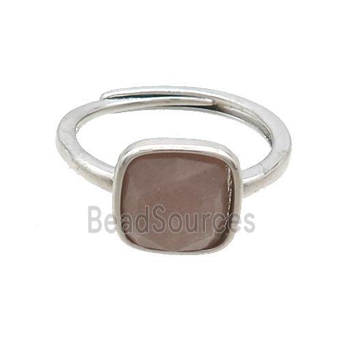 Copper Ring Pave Peach Sunstone Square Adjustable Platinum Plated