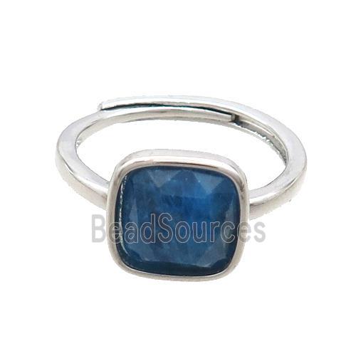 Copper Ring Pave Blue Apatite Square Adjustable Platinum Plated