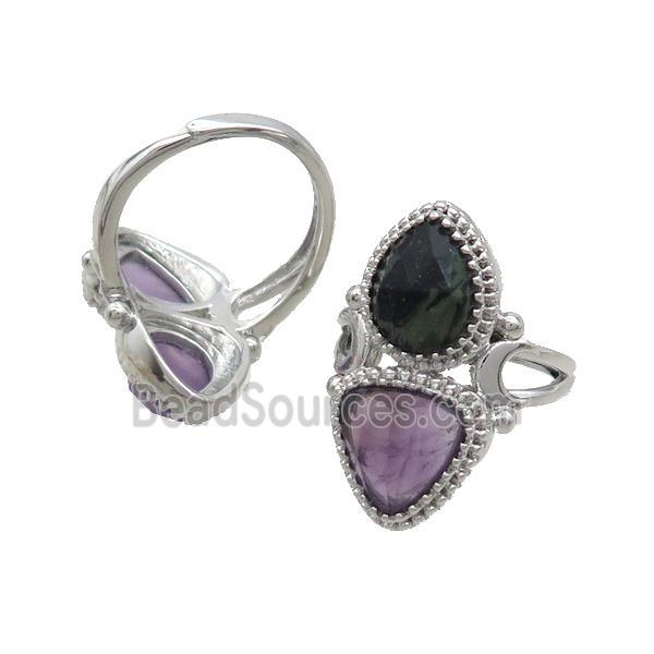 Copper Ring Pave Amethyst Kambaba Adjustable Platinum Plated