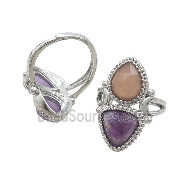 Copper Ring Pave Amethyst Sunstone Adjustable Platinum Plated