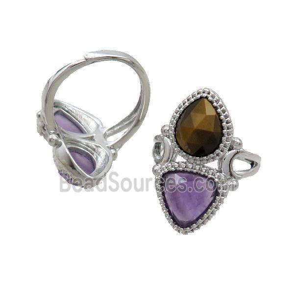 Copper Ring Pave Amethyst Tiger Eye Stone Adjustable Platinum Plated