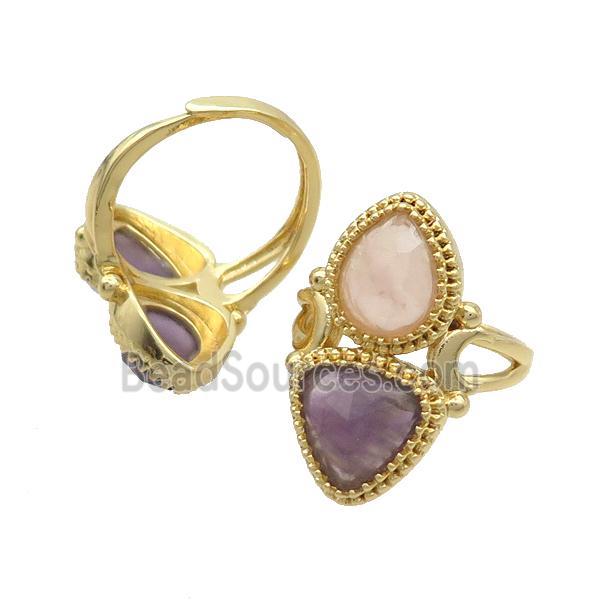 Copper Ring Pave Amethyst Rose Quartz Adjustable Gold Plated