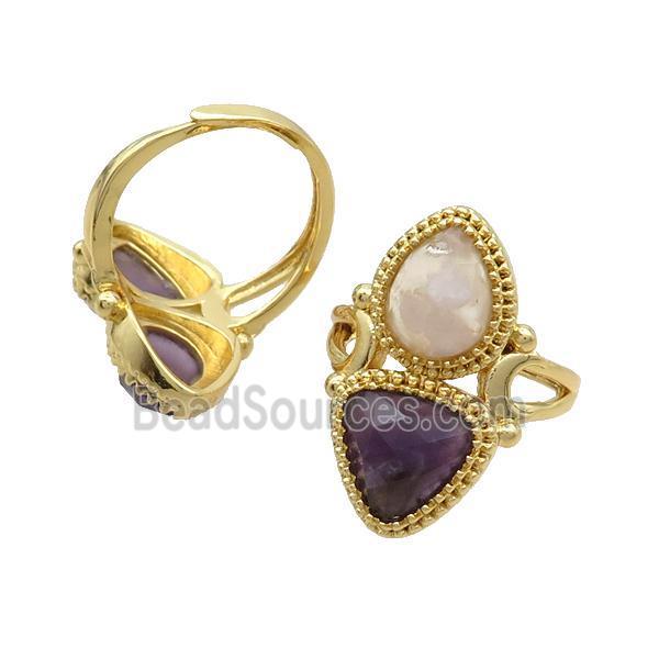 Copper Ring Pave Amethyst Cherry Agate Adjustable Gold Plated