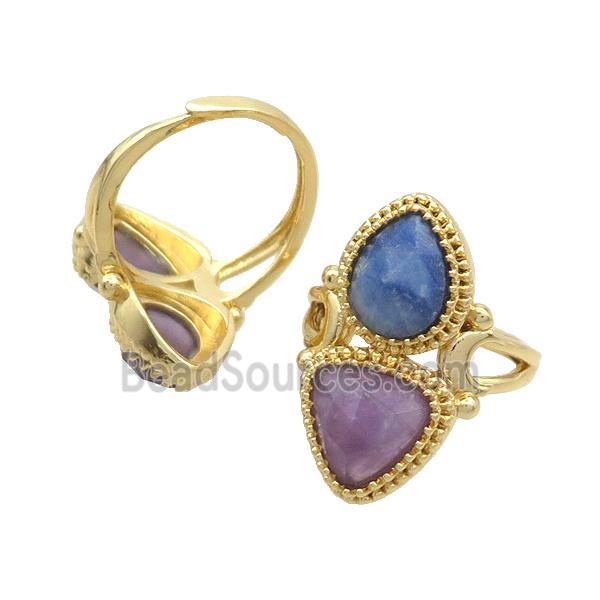 Copper Ring Pave Amethyst Blue Aventurine Adjustable Gold Plated