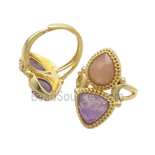 Copper Ring Pave Amethyst Peach Sunstone Adjustable Gold Plated