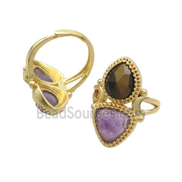 Copper Ring Pave Amethyst Tiger Eye Stone Adjustable Gold Plated