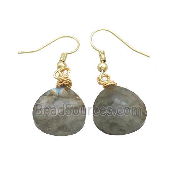 Natural Labradorite Copper Hook Earrings Teardrop Gold Plated