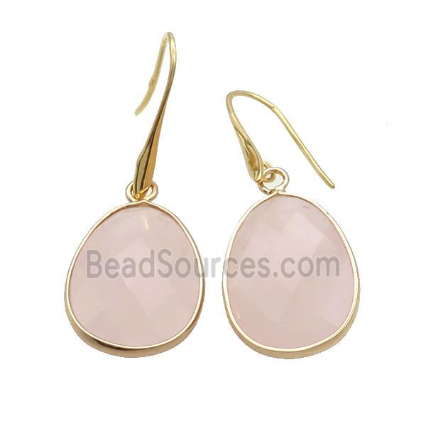 Pink Rose Quartz Copper Hook Earrings Teardrop Gold Plated