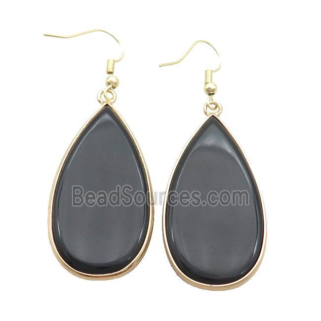 Black Onyx Agate Copper Hook Earrings Teardrop Gold Plated