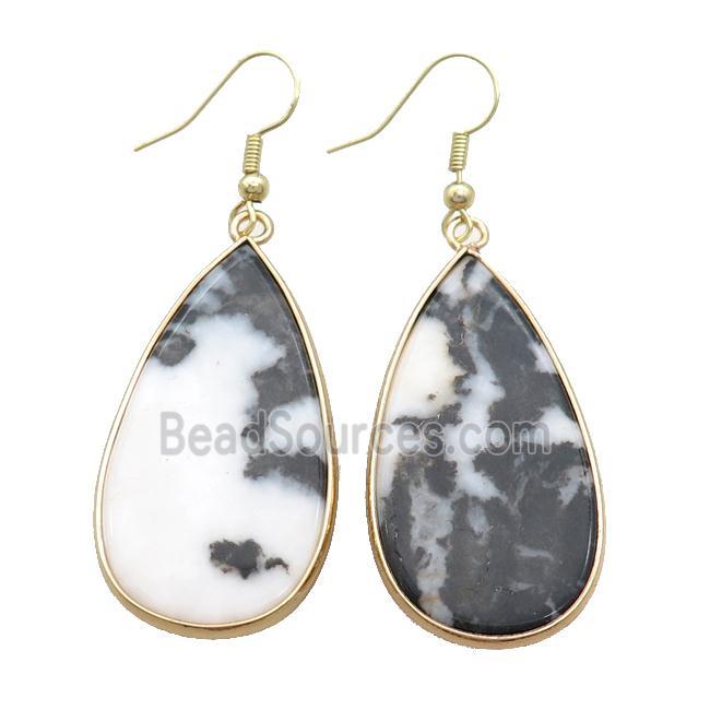 Black White Zebra Jasper Copper Hook Earrings Teardrop Gold Plated