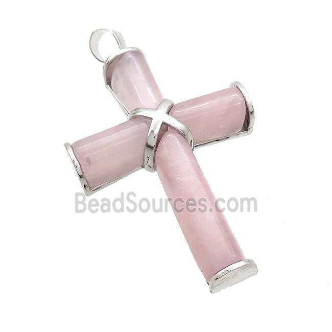 Natural Pink Rose Quartz Cross Pendant Platinum Plated