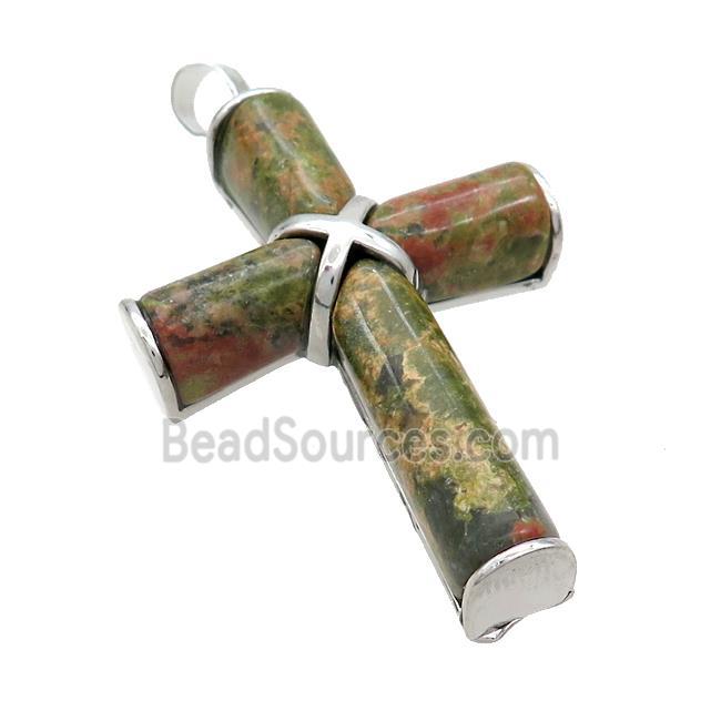 Natural Unakite Cross Pendant Green Platinum Plated