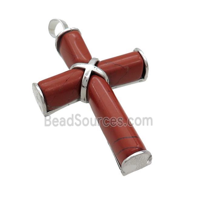 Natural Red Jasper Cross Pendant Platinum Plated