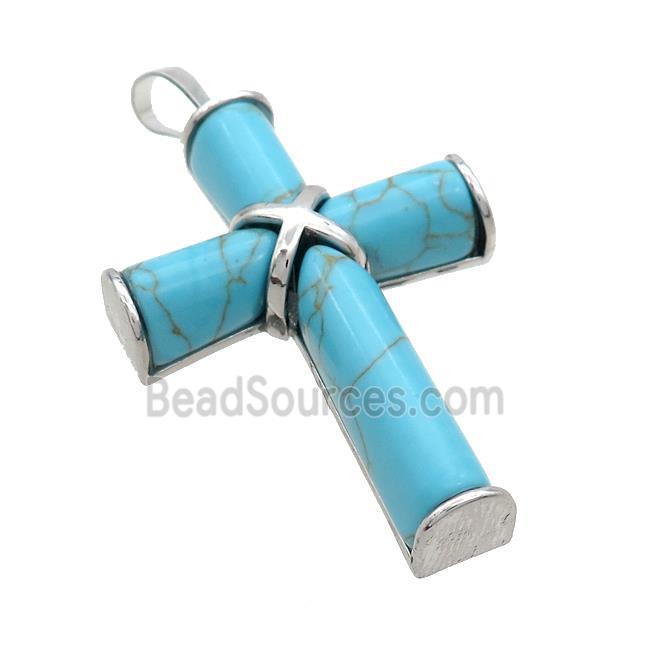 Blue Magnesite Turquoise Cross Pendant Platinum Plated