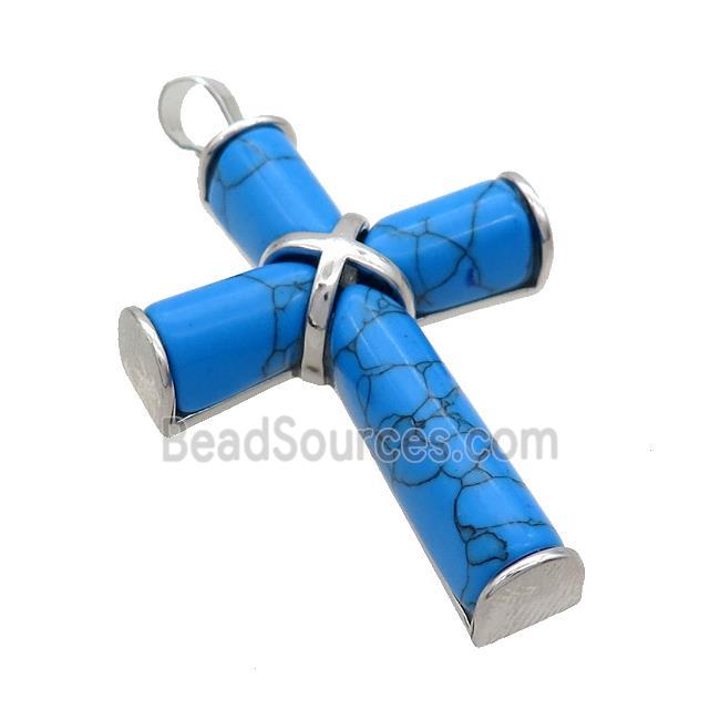 Blue Synthetic Turquoise Cross Pendant Platinum Plated