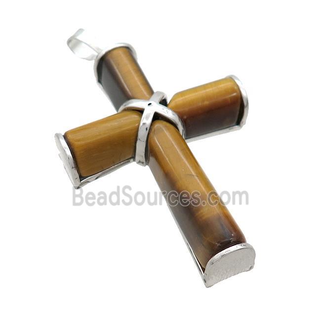 Natural Tiger Eye Stone Cross Pendant Platinum Plated